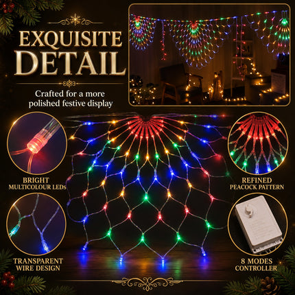 3M Solar Peacock String Net Lights Multicolour Christmas Mesh Curtain Lights Outdoor Garden Decor