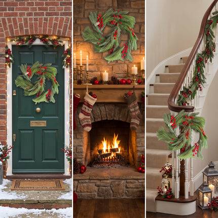 1.8M Christmas Pine & Red Berry Garland Artificial Festive Greenery Decor