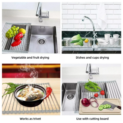 Roll Up Dish Rack Drainer Over Sink Stainless Steel Plate Holder Stand With Tray