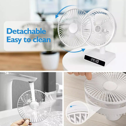 9 Inch USB Rechargeable Desk Table Fan Auto Moving heads w/ Clock Time Display