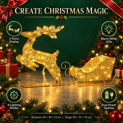 Light Up Christmas Reindeer Sleigh Solar Plug In LED Indoor Outdoor Decoration