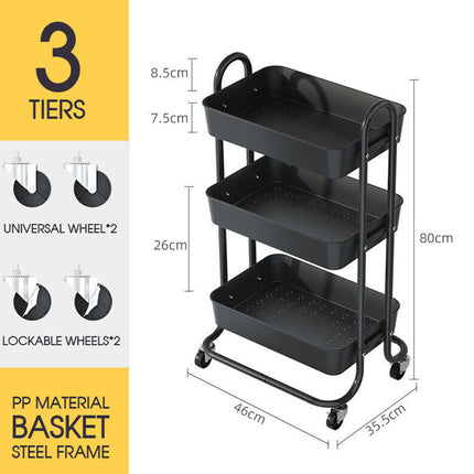 3 Tiers Kitchen Storage Trolley Cart Steel Rack Shelf Organiser Wheels Black