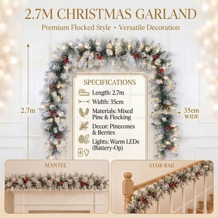 270cm Lush Snow Flocked Christmas Garland Pre-Lit LED Berry Pinecone Battery