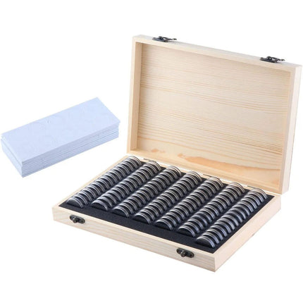 100PCS Coin Capsules Storage Box with Wooden Case Holder Collection Display Tool