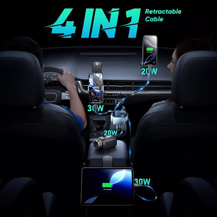 120W 4-in-1 Retractable Car Charger Cable – Dual Port USB-C PD Fast Charging Ada