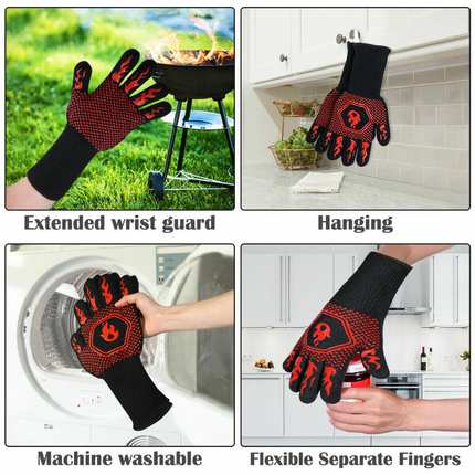 2x Heat Proof Resistant Oven BBQ Gloves 35cm Kitchen Cooking Silicone Mitt Black