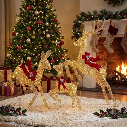 3-Piece Lighted Christmas Prancing Reindeer Family Gold Prancing Outdoor Display Stag Doe Fawn Outdoor Xmas Deer Set with Solar Panel AU Plug