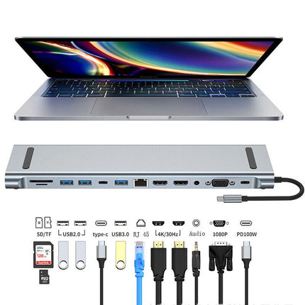 12 in 1 Laptop Docking Station Type-C Dual HDMI Adapter USB-C Triple Display