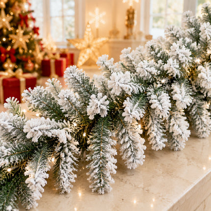 2.7m White Snow Flocked Christmas Garland Hanging Rattan Warm Light Indoor DIY Mantel Decor
