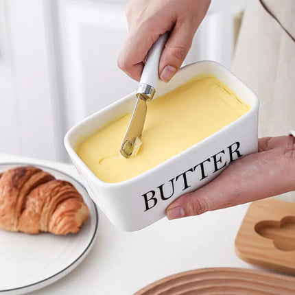 Ceramic Butter Dish Box Storage Tray Container w/ Bamboo Lid & Butter Cutter