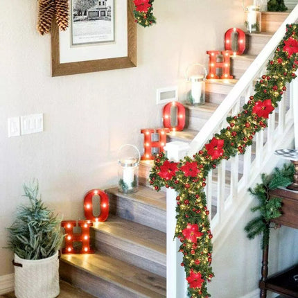 2.7M Christmas Garland with Lights / Flower /Pinecone Xmas Home Stairs Fireplace Red with Lights