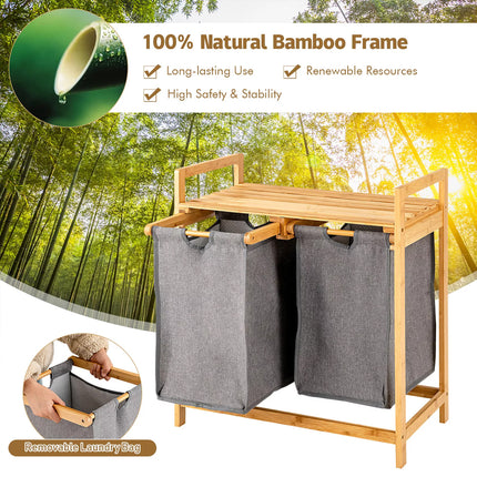Laundry Baskets Hamper Bamboo Shelf w/ 2 Sliding Washing Clothes Bags