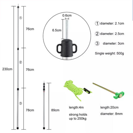 2X Kit Aluminum Camping Tarp Poles Telescoping Tent Pole Adjustable 90cm-230cm ALL set(Poles+Ropes+Pegs+Bags)