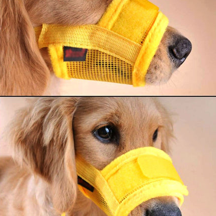 Yellow Pet Dog Adjustable Mask Bark Bite Mesh Mouth Muzzle Grooming