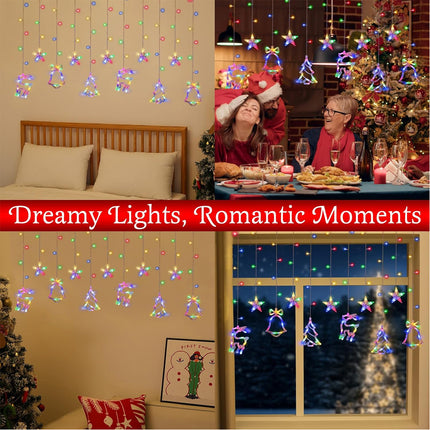12 LED Hanging Deer Bells Curtain Lights Christmas Garland String Fairy Window