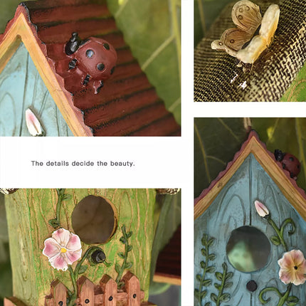 Handmade Artistic Resin Birdhouse Weather-Resistant Garden Hanging Ornament Blue