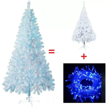 1.2/1.5M/1.8M/2.1M Christmas Tree with LED Lights Easy Assemble Bushy Xmas Decor White Tree+Blue Lights