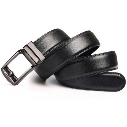 Mens Leather Belt Detachable Waistband Cuttable Strap Automatic Steel Buckle Black