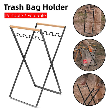 Portable Outdoor Folding Garbage Bag Rack Wooden Handle Trash Holder for Home