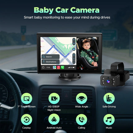 7"Touch Screen Car Camera for Backseat Portable Car Stereo Wireless CarPlay