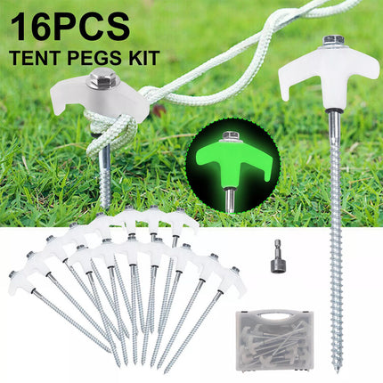 15x Heavy Duty Steel Hex Screw in Camping Tent Pegs Glow in The Dark Head + Box
