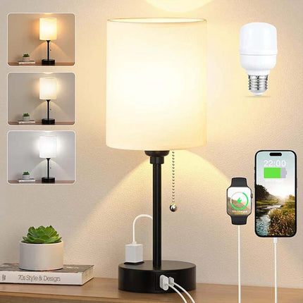 2 PACK Bedside Lamps Linen Table Light USB Port 3 Way Dimmable Pull Chain Switch Beige 2Pcs