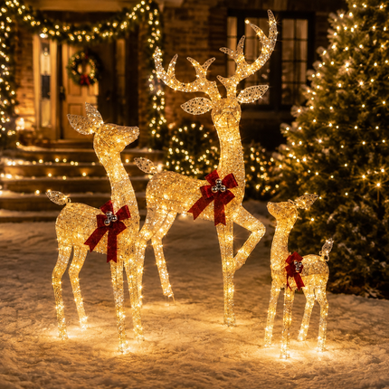 3-Piece Lighted Reindeer Family Christmas Decoration Set 210 Warm White LED Stag Doe Fawn with Solar Panel & AU Plug Detachable Champagne White Glitter Indoor Covered Outdoor Xmas Display