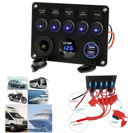 12V Switch Panel USB Charger 5 GANG ON-OFF Toggle LED Rocker for Car Boat Marine