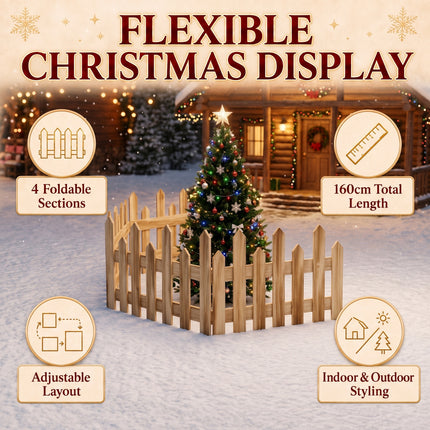 160cm Natural Wood Painted Christmas Tree Fence – 4-Section Wooden DIY Holiday Border