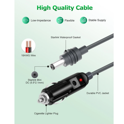 5M For Starlink Mini DC Power Cable Direct to Cigarette 12V-24V Adapter Plug & Play