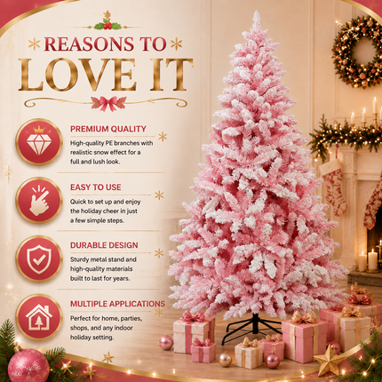 210cm 7FT Pink Snow Flocked Christmas Tree Pre-Lit 350LED Warm White Xmas Decor