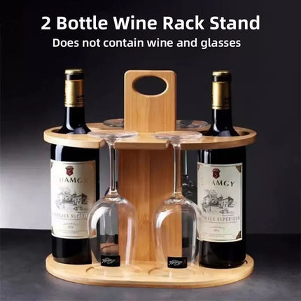 Wooden Wine Rack Free Standing 2Bottles with 4Glasses Holder Bamboo Wine Storage