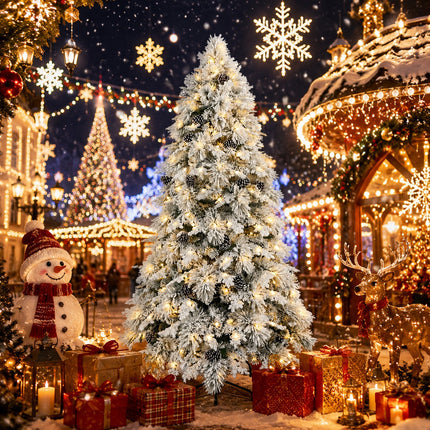 210cm Snow Flocked Christmas Tree Warm 330 LEDs Light Pre Lit Pine Cone Winter Xmas Decor