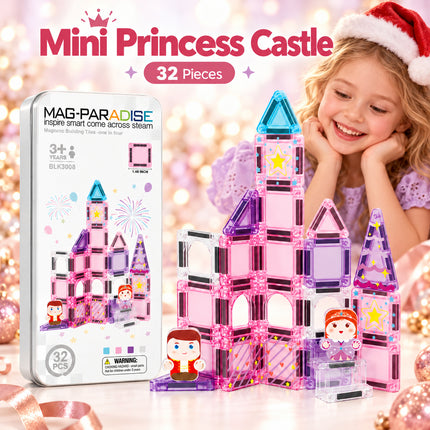 32 Pcs Mini Magnetic Tiles Princess Castle Storage Tin Set Christmas Gift Toy