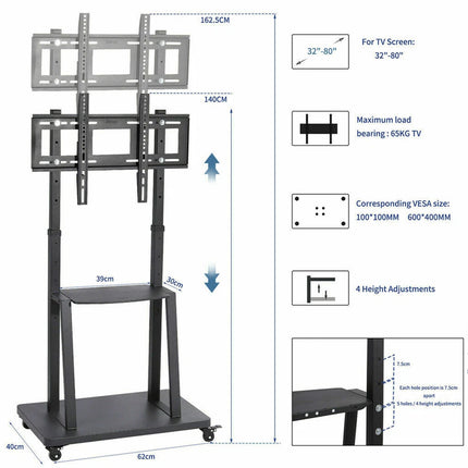 Mobile Rolling TV Floor Stand Mount, Universal Flat Panel Bracket for 32-100 Inch TVs