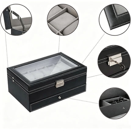 Double Layer Grids Watch Holder Box Carbon Storage Case Jewelry Display Organizer Gift