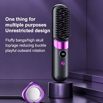 Cordless Mini Hair Straightening & Curling Brush with Negative Ions - USB Rechargeable Portable Styling Comb