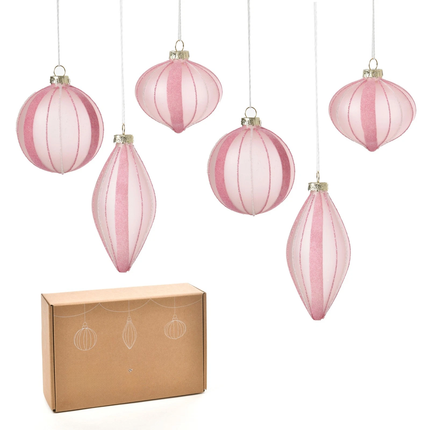 Sherwood 6 Pack Christmas Glitter Stripe Frosted Glass Mixed Shape Baubles Blush