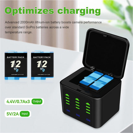 3-Slot Battery Charger For GoPro HERO 9 10 11 12 w/ 2*2000mAh Batteries