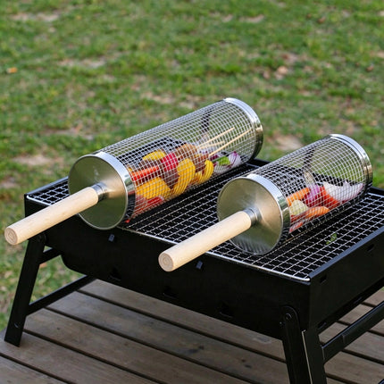 Rolling BBQ Grill Basket with Mesh Cage for Vegetables & Meat, Outdoor Barbecue Cylinder Net, Fits Most Grills