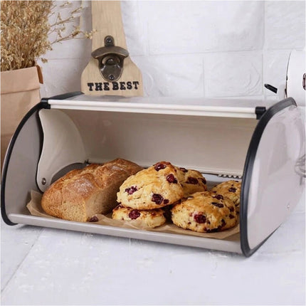 Grey Vintage Roll Top Metal Bread Box Rustic Farmhouse Countertop Bread Storage