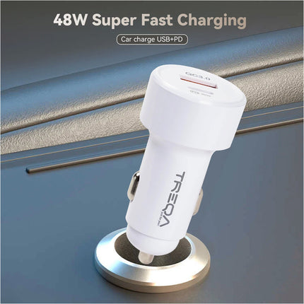 White 48W 2 Port Car Phone Charger Dual USB A C PD Metal 12V Cigarette iPhone Charging