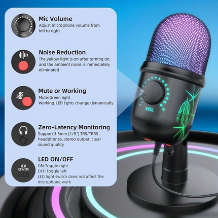 USB Microphone Noise Cancellation Condenser RGB Gaming Mic for PC Laptop Android