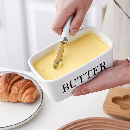 Ceramic Butter Dish Box Storage Tray Container w/ Bamboo Lid & Butter Cutter