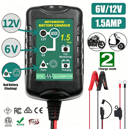 Automatic Battery Charger Maintainer Trickle for Car & Motorcycle 6V 12V 1.5A