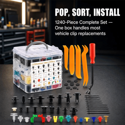 1240Pcs Car Push Retainer Clips & Auto Fasteners Plastic Assortment Kit Pry Bar