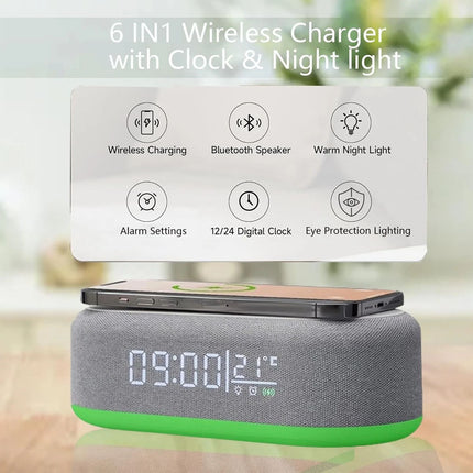 Digital Alarm Clock Charging Station Bluetooth Speaker 15W Wireless Fast Charger