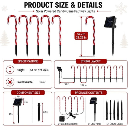5 Pack 54cm Solar LED Candy Cane Christmas Lights IP65 8 Modes Garden Pathway