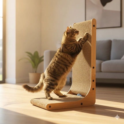 Wall Leaning L Shape Cat Scratcher Cardboard Bed with Wooden Frame 60CM Indoor Use