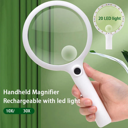 30X  10X Handheld Magnifier Rechargeable 24 LED Light Magnifying Glass